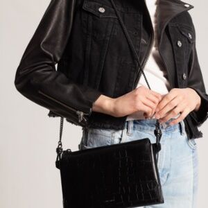 ALLSAINTS Fletcher Croc-Embossed Crossbody Bag – Black